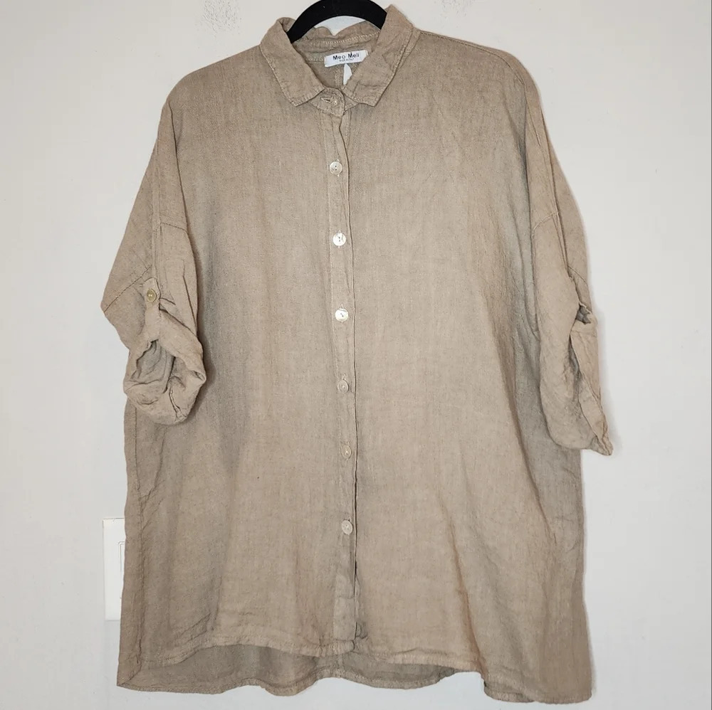 Meo Meli Linen Roll Tab Beige Button Shirt Estimated Size‎ Medium Oversized